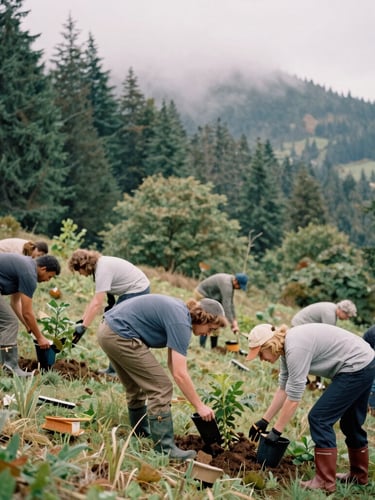 Candid action shot of volunteers of diverse ages planting trees on a misty Washington hillside, wearing rain boots, soft filtered forest light, 35mm film style.
