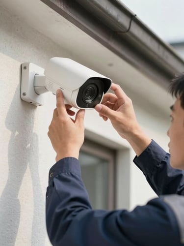 Close-up of a technician in a professional uniform installing a modern white security camera on a residential wall, bright daylight, focused hands