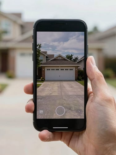 Close-up of a hand holding a smartphone displaying a real-time security camera feed of a clean residential driveway under bright daylight
