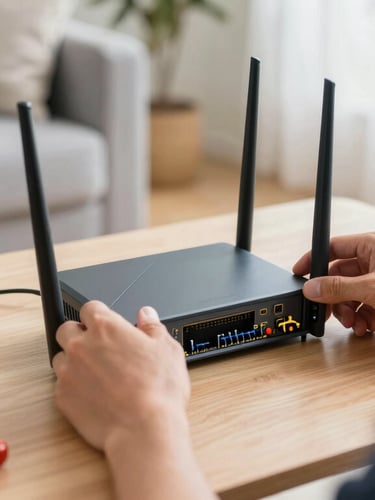 Portrait framing of a local technician's hands configuring a modern router on a living room table, natural daylight, clean tools visible.
