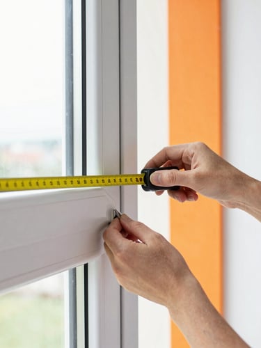 Close-up of hands carefully measuring a window frame with a tape measure, bright natural daylight streaming through the window, highlighting the precision and attention to detail, crisp white and vibrant orange accents in the background, clean architectural framing, 35mm