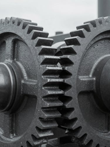 Macro close-up of heavy industrial machinery gears, desaturated editorial photography, cool overcast daylight, sharp focus, 35mm film