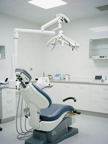 Wide environmental shot of a modern clean clinical dental operatory, desaturated editorial photography, cool overcast daylight, sharp focus, 35mm film