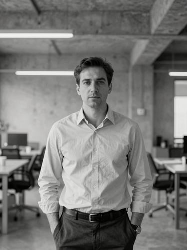 Desaturated editorial portrait of a male financial advisor in a quiet, modern concrete office, cool overcast daylight, sharp focus, 35mm film