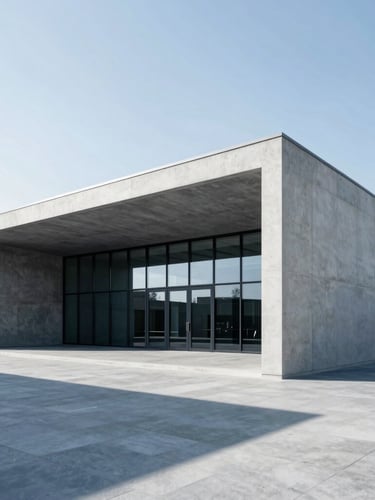 Wide-angle architectural perspective of a modern concrete and glass pavilion, sharp geometric lines, cool high-key morning daylight, deep navy shadows, 35mm