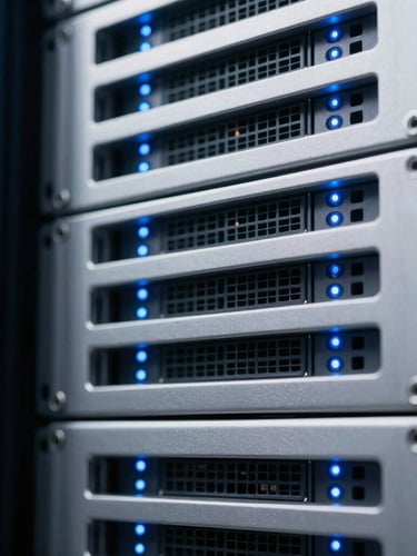 Abstract macro detail of modern server arrays, small glowing blue indicator lights, clean metallic textures, cool studio lighting, deep navy tones