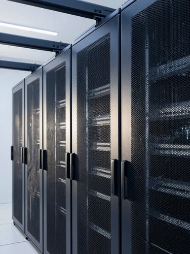 Abstract architectural lines of a modern data center, cool daylight casting deep navy shadows on metallic surfaces, sharp focus, 35mm