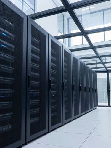 Wide-angle architectural perspective of a modern high-security data center corridor, cool daylight filtering through glass panels, deep navy shadows, sharp focus, 35mm