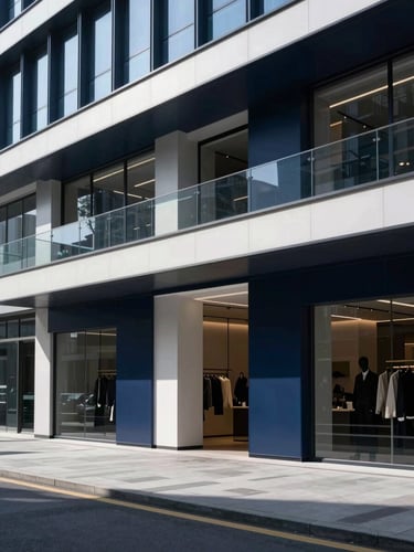 Abstract architectural lines of a modern retail pavilion under high-key office daylight, deep navy shadows, sharp focus, 35mm