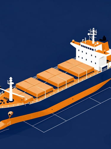 Sharp vector illustration in isometric blueprint style, high-contrast navy and orange, showing a cargo ship docking at an African port terminal, clean geometric lines.