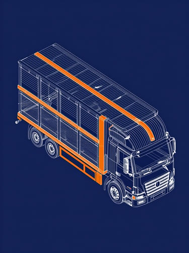 Isometric blueprint diagram of a multi-car transport carrier, sharp vector lines, safety-orange accents on deep navy background.