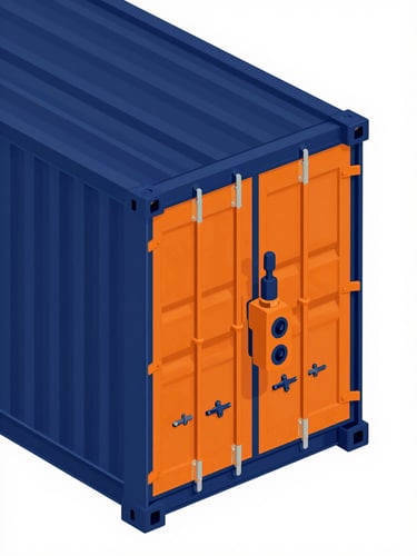 Technical vector illustration of an industrial locking mechanism on a shipping container, high-contrast navy and orange.