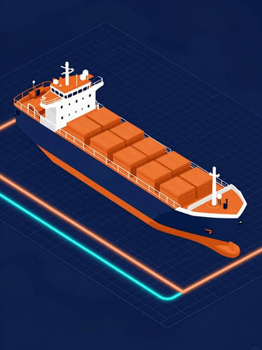Sharp vector illustration of an isometric cargo vessel on a technical blueprint grid, deep navy background with glowing safety-orange and cyan route lines, high contrast.