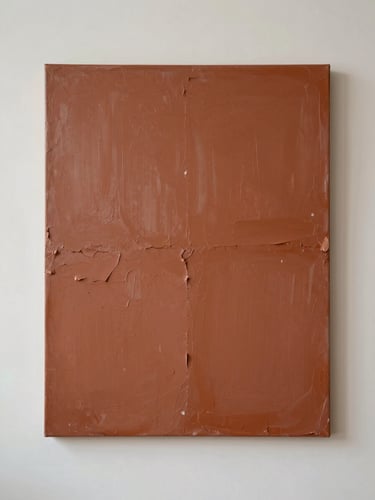 Straight-on fine art photograph of a large abstract canvas with heavy terracotta paint texture hanging on a raw plaster gallery wall, soft diffused side light.