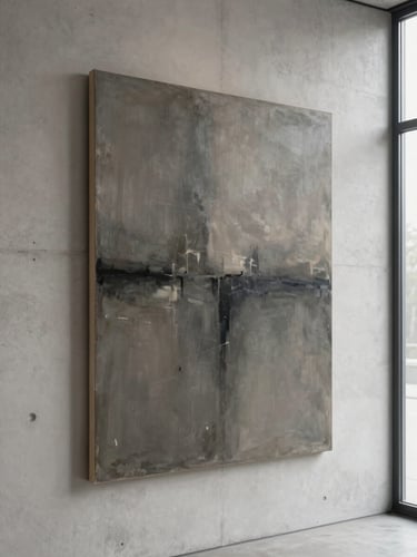 A straight-on, eye-level photograph of a large abstract canvas hanging on a raw concrete gallery wall, soft diffused side-lit window daylight, neutral charcoal tones.
