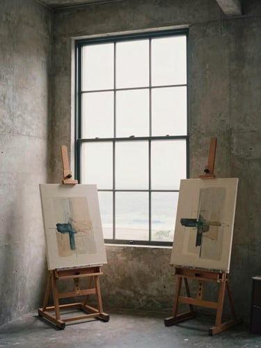 Minimalist artist studio in Sydney with raw concrete walls, a large easel holding an abstract canvas, warm diffused coastal light streaming through a tall steel-framed window