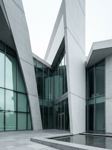 Sleek architectural photography of a soaring concrete and glass tech pavilion, cool daylight with subtle mint green reflections, sharp focus, Hasselblad medium format