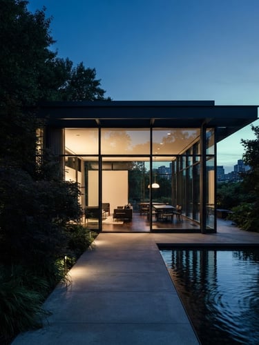 Sleek architectural photography of a minimalist glass and steel pavilion at dusk, cool daylight fading with subtle mint ambient accents, high-contrast composition, Hasselblad medium format