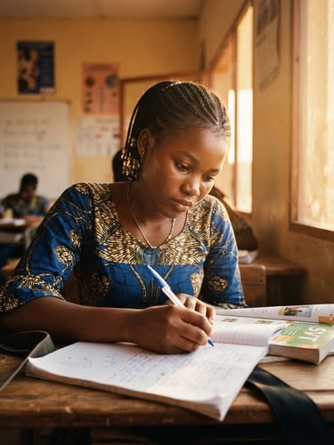 Low-angle portrait of a focused Guinean student in a bright classroom, warm golden-hour sunlight streaming through a window, shallow depth of field, 35mm film.