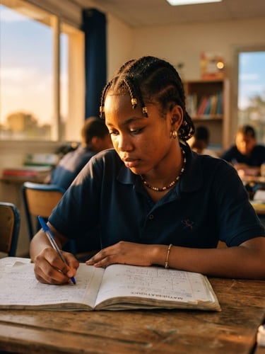 Low-angle portrait of a focused young Guinean student in a bright modern classroom, warm golden-hour sunlight streaming through a window, rich deep blue and gold tones, shallow depth of field, 35mm film.