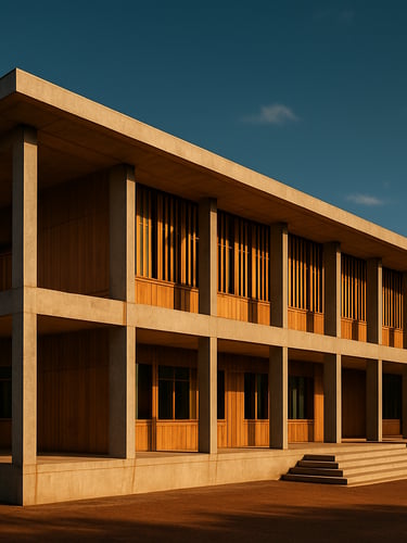 Wide architectural shot of a modern, beautifully designed school building in Guinea, clean concrete and warm wood accents, golden-hour light, cinematic framing.