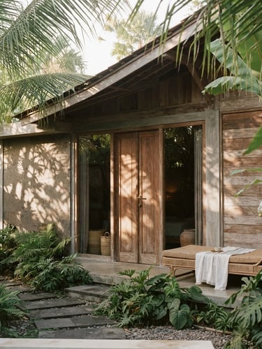 Warm editorial photograph of a minimalist Bali villa facade, soft morning sunlight filtering through tropical palm leaves, casting shadows on weathered teak wood and smooth volcanic stone, medium format film.