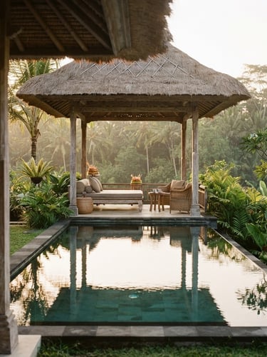 Warm editorial photography of a serene open-air pavilion in Bali at golden hour, sunlight reflecting off a perfectly still swimming pool, weathered teak columns, shallow depth of field.