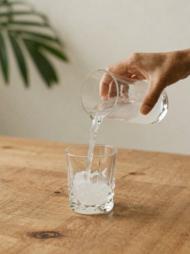Close-up of hands pouring fresh coconut water into a crystal glass on a rough-hewn teak table, soft morning light filtering through tropical leaves, warm organic minimalism.