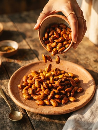 Macro overhead shot of hands mindfully pouring ghee-roasted almonds onto a clay plate, warm directional afternoon sunlight, rich saffron tones.