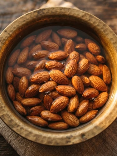 Macro overhead shot of organic almonds soaking in a traditional warm brass vessel, soft ripples on water, rich golden-hour side lighting.
