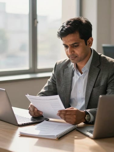 A professional Indian Chartered Accountant in a bright New Delhi office, reviewing physical ledgers alongside a modern laptop, warm natural window daylight, editorial corporate photography style.