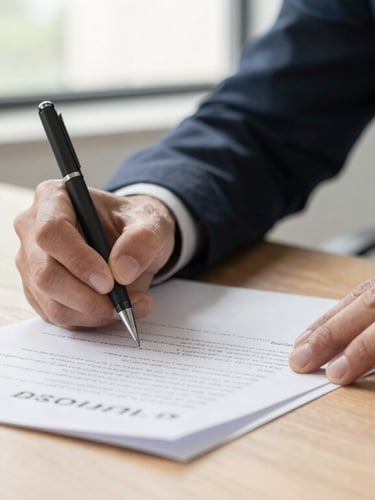 Close-up of hands signing legal financial documents on a warm-toned wooden desk, bright daylight streaming through an office window, editorial corporate photography.
