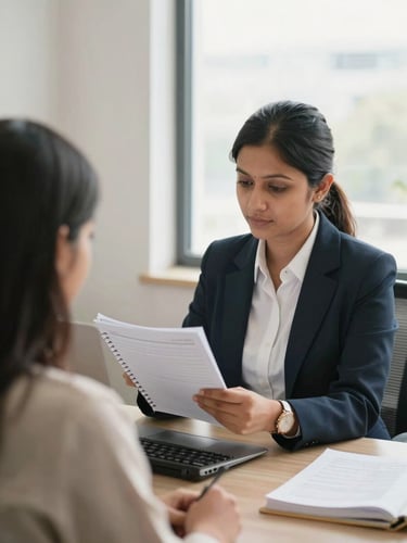 A professional CA in a bright New Delhi office reviewing physical ledgers under natural window light, over-the-shoulder view, 35mm lens.
