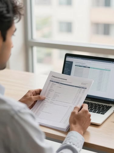 Over-the-shoulder view of a professional CA in a bright New Delhi office, reviewing tax ledgers and corporate documents on a modern laptop, bright natural daylight coming through a large window, warm neutral tones