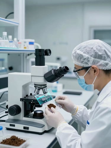 A high-tech laboratory cleanroom, clinical white lighting, a researcher in sterile gear analyzing a soil sample under a digital microscope with holographic data overlays, 35mm.