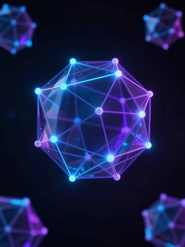 Abstract 3D geometric render of glowing blue and purple data nodes floating in a dark space, sharp focus, dramatic neon directional lighting, high contrast