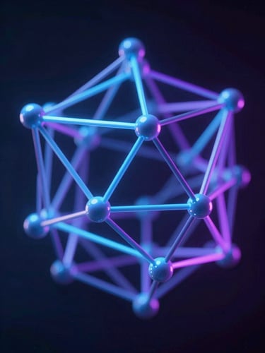 Extreme close-up macro photograph of a floating high-fidelity 3D geometric node network, glowing electric blue and neon purple directional lighting, dark space background, shallow depth of field.