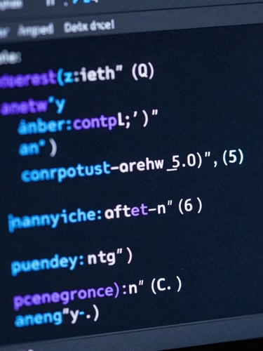 Extreme close-up macro shot of a clean code interface on a dark monitor, glowing electric blue and neon purple syntax highlighting, sharp geometric reflections, high-tech engineering aesthetic.