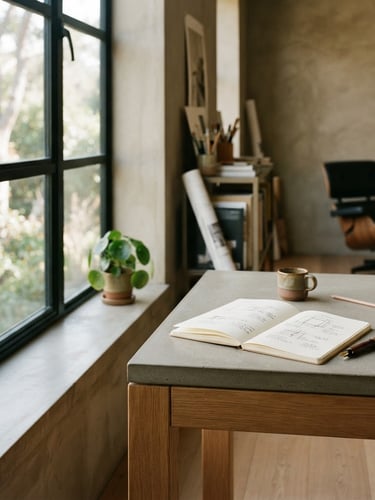 Clean, architectural creative studio workspace with a large window, soft natural side-lighting, a high-quality notebook and fountain pen on a minimalist desk, 35mm film grain, muted earth tones and deep greens, subject off-center right, low horizon.
