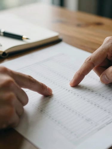 Close-up macro shot of hands pointing to specific lines on a printed financial report, a high-quality notebook and fountain pen visible on a polished wooden desk, soft natural window light, muted earth tones and deep greens, 35mm film grain