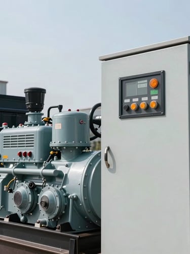 Close-up of a heavy-duty industrial diesel generator set control panel with steel casing and a safety orange indicator light, cool crisp daylight, 35mm