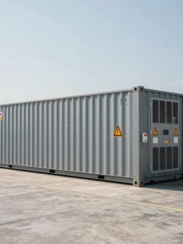 Industrial containerized BESS unit on a concrete pad, cool daylight, sharp metallic details, high-voltage warning markers, wide editorial 35mm composition.