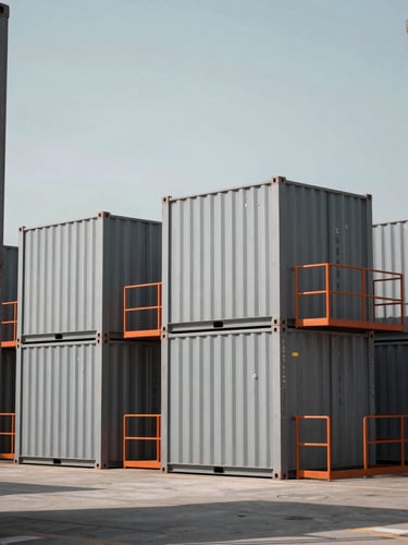 Wide environmental shot of heavy industrial BESS container units in cool, crisp daylight, desaturated steel tones, sharp orange safety accents, architectural framing.