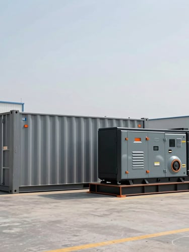 Industrial editorial photography of a heavy-duty BESS container unit paired with an enclosed diesel generator set, clean high-contrast daylight, steel gray tones with sharp orange accents, wide-angle architectural lens