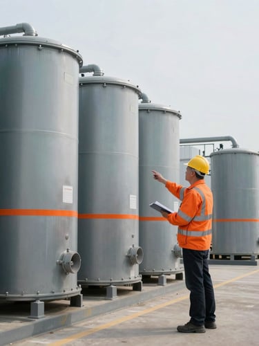 Industrial editorial photography of a senior power engineer in high-visibility safety gear inspecting a large Battery Energy Storage System (BESS) container, cool crisp daylight, desaturated steel tones with sharp orange accents, wide-angle lens