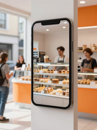 Bright editorial photography of a modern digital screen inside a busy neighborhood bakery, natural daylight, local business owners smiling in the background, 35mm lens