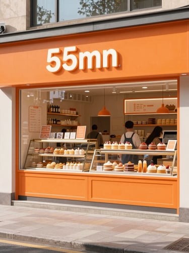 Wide environmental shot of a modern digital screen inside a busy neighborhood bakery, bright natural daylight, customers in the background, vibrant orange details, 35mm lens