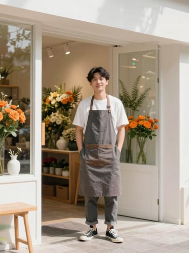 Bright editorial portrait of a local business owner standing proudly inside her clean, modern flower shop, natural daylight, warm atmosphere, 35mm lens