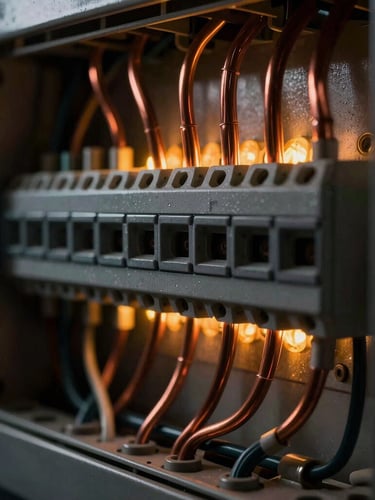 Macro photography of a perfectly organized breaker panel, copper wiring routed with geometric precision, low-key dramatic lighting, sharp contrast, dark metallic textures, glowing amber light accents, 35mm