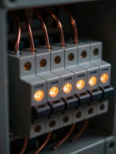 Macro close-up of a perfectly routed electrical breaker panel, pristine copper wires aligned with geometric precision, glowing amber indicator lights, low-key dramatic side-lighting, dark metallic textures, 35mm photography